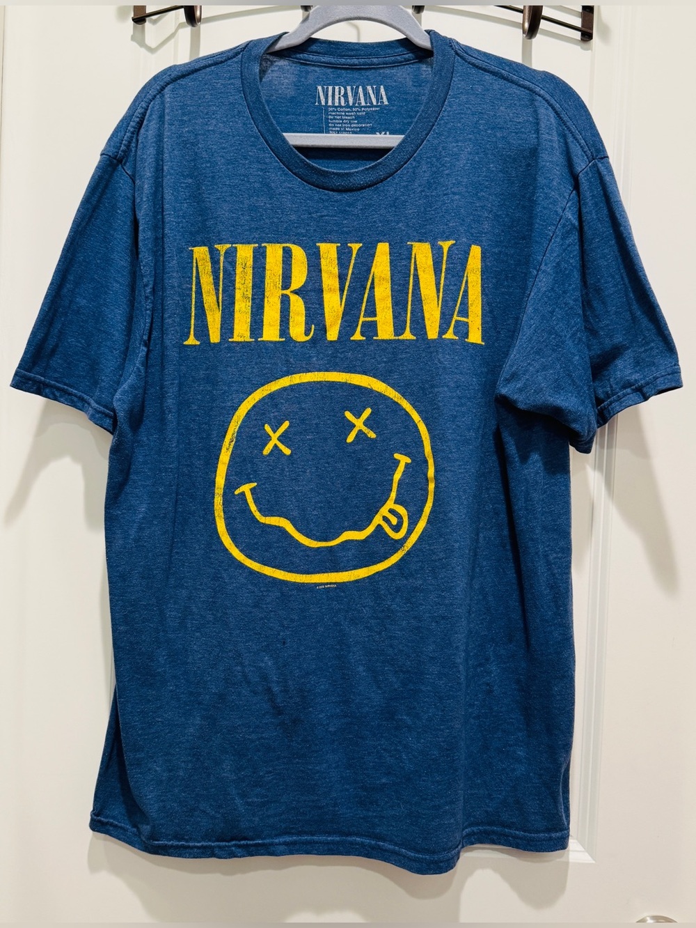 NIRVANA Blue T-Shirt Tee Short Sleeve Yellow with Smiley Graphic Face Men's XL